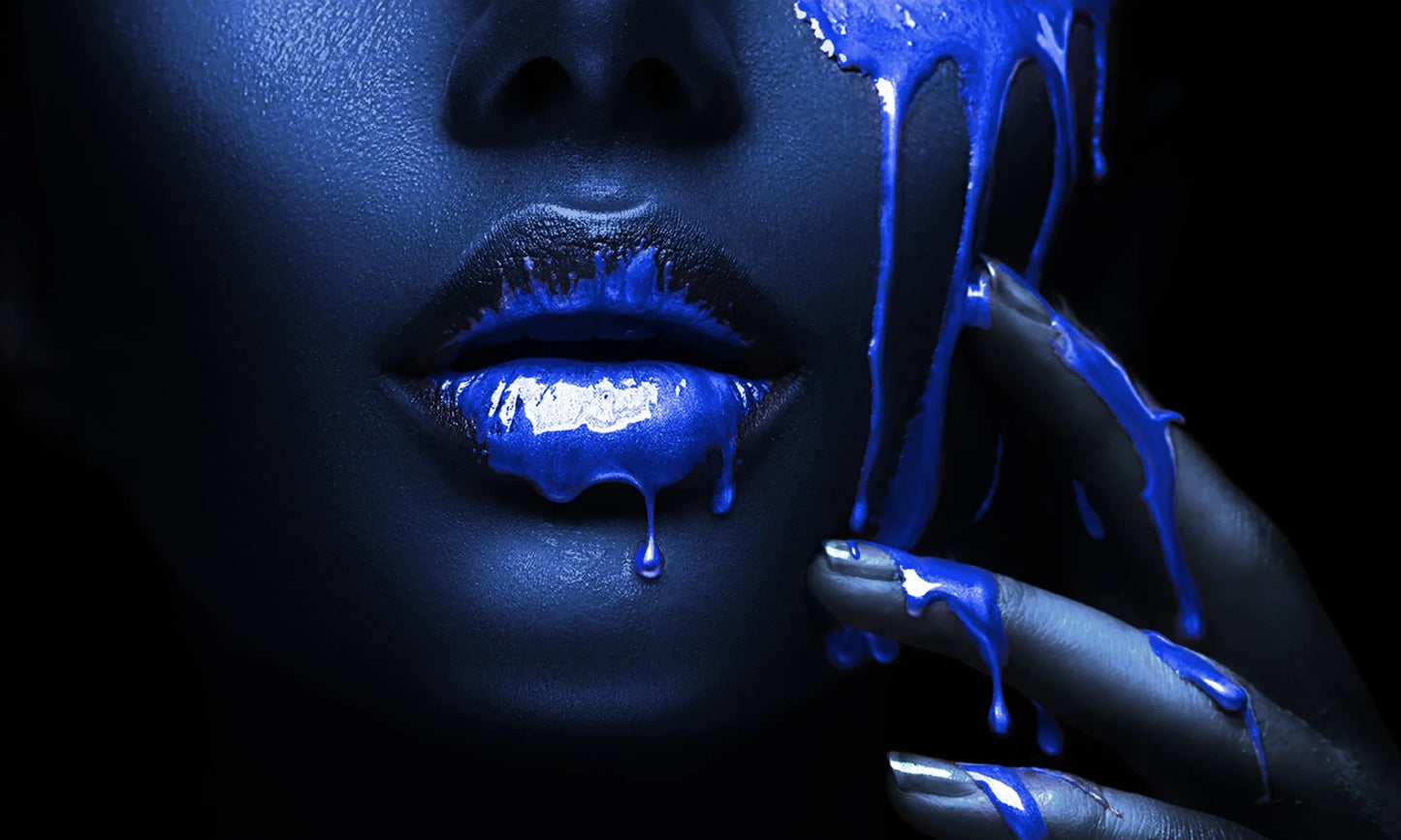 Glass Wall Art 60" x 36" Blue Women Lips