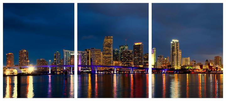 Glass Wall Art 24"x36" 3pc Miami City in Night