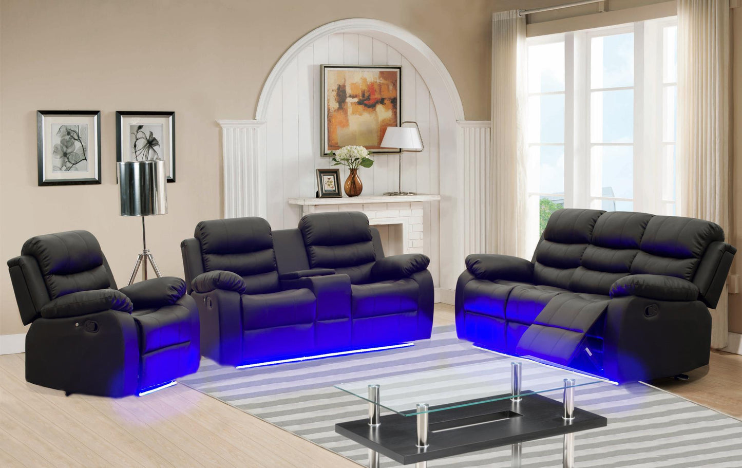 Recliner Manual Sofa LED 2 Pcs SOFA and LOVESEAT (BLACK)