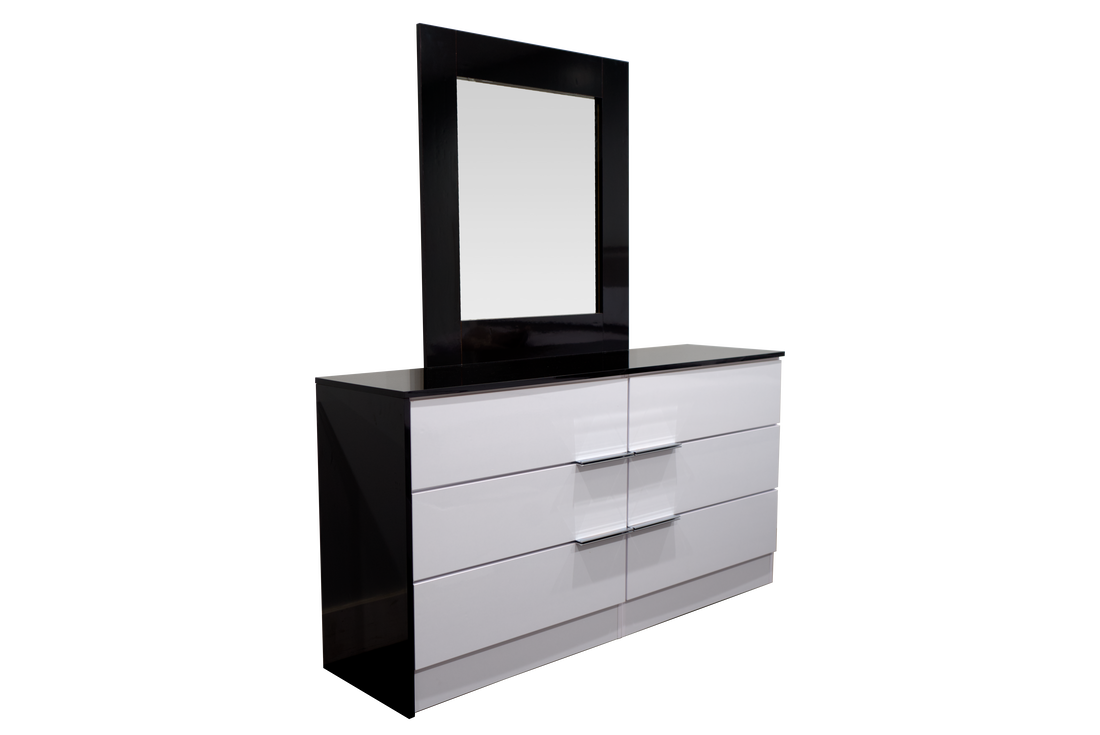 Dresser 6 Drawer Manhattan Glossy White and Black with Mirror
