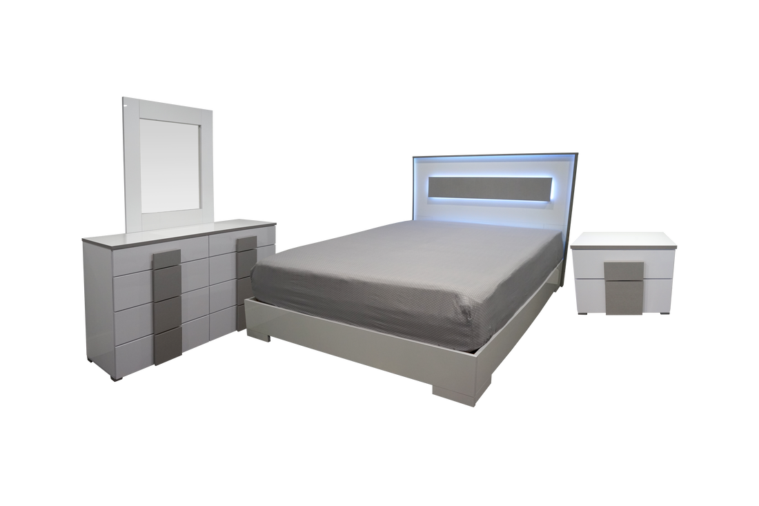 Bedroom Set 4Pcs Palermo Glossy Platform Led White/Grey