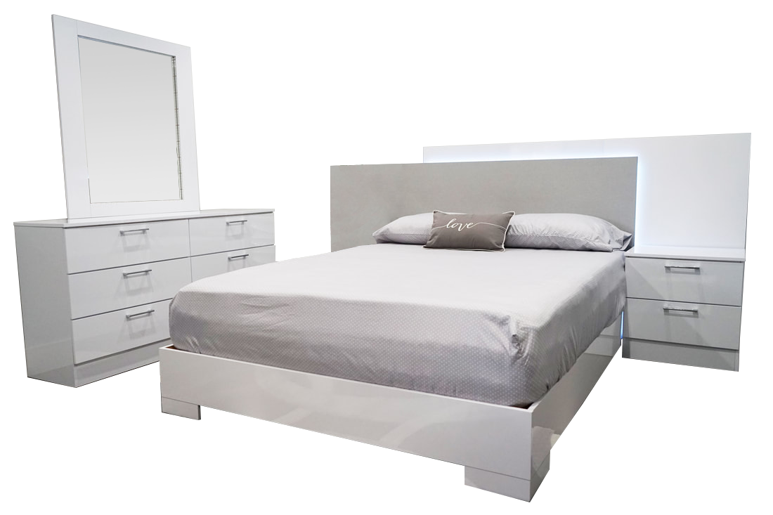 Bedroom Set 4Pcs Barcelona Glossy Platform Led White/Grey