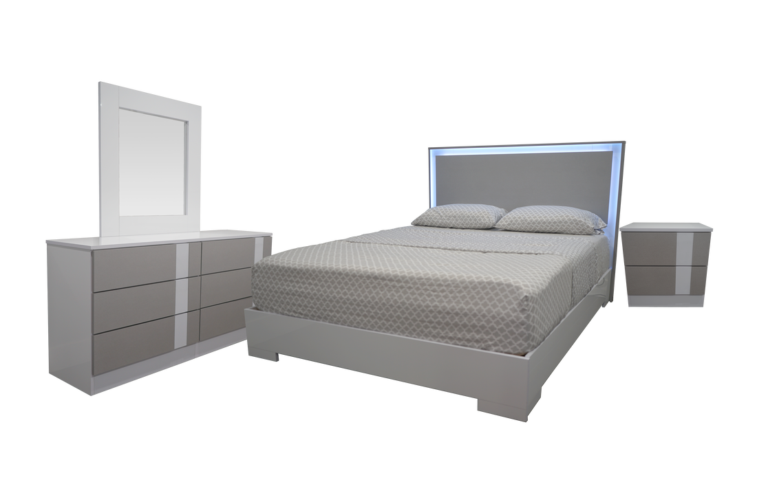 Bedroom Set 4Pcs Prague Glossy Platform Led White/Grey Touch Open