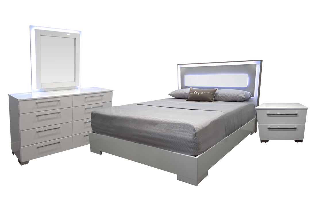 Bedroom Set 4Pcs Sorrento Glossy Platform Led White/Grey
