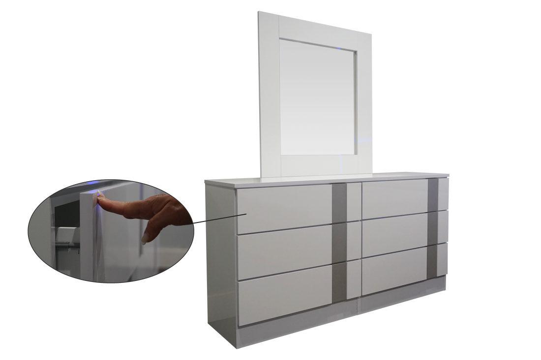 Dresser 6 Drawer Vienna Glossy White/Grey with mirror Touch Open