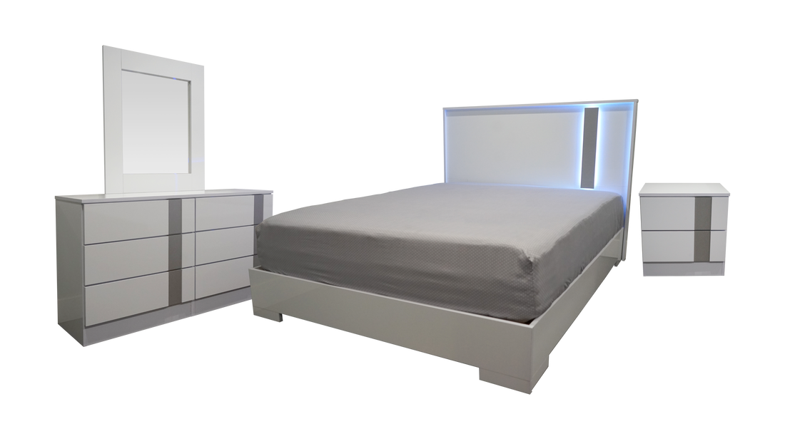 Bedroom Set 4Pcs Vienna Glossy Platform Led White/Grey Touch Open