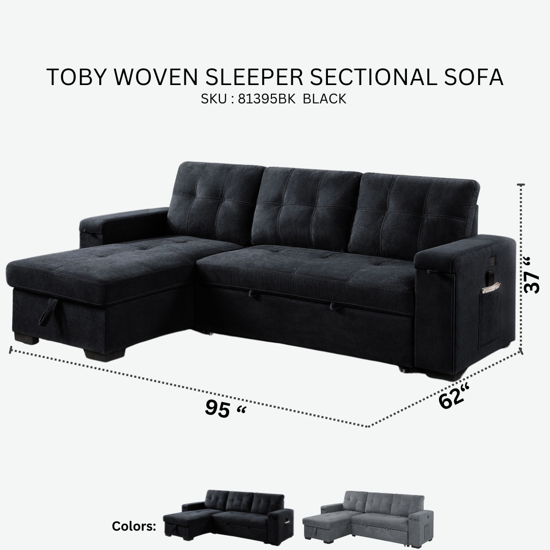 Sleeper Sectional Grey Sofa Bed with Storage Toby Black 81395BK