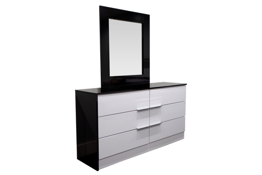 Dresser 6 Drawer Manhattan Glossy White and Black with Mirror