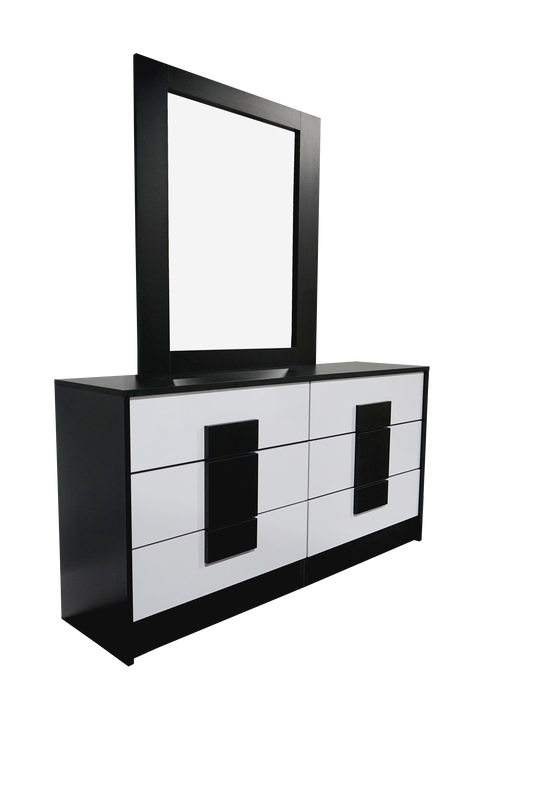 Dresser 6 Drawer Paris Glossy White and Black with Mirror