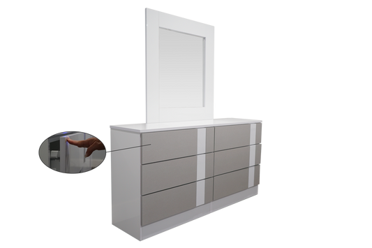 Dresser 6 Drawer Prague Glossy White/Grey with mirror Touch Open